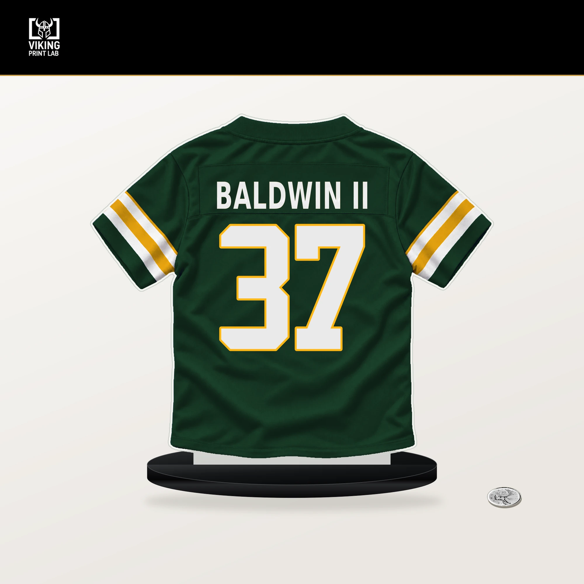 Johnathan Baldwin II number 37 Green Bay Packers jersey stand with included black base.