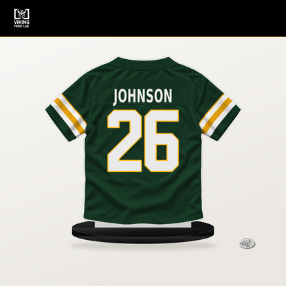 Kaleb Johnson number 26 Green Bay Packers jersey stand with included black base.