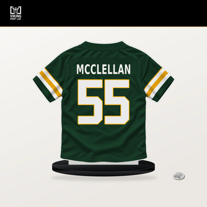 Chris McClellan number 55 Green Bay Packers jersey stand with included black base.