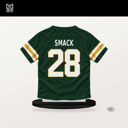 Trey Smack number 28 Green Bay Packers jersey stand with included black base.