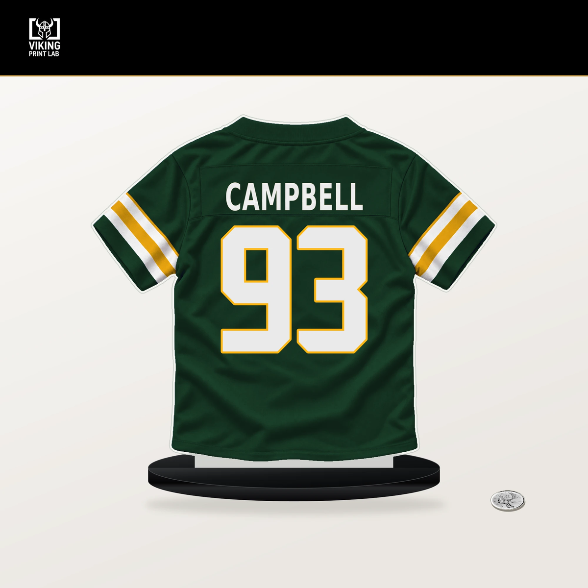 Anthony Campbell number 93 Green Bay Packers jersey stand with included black base.