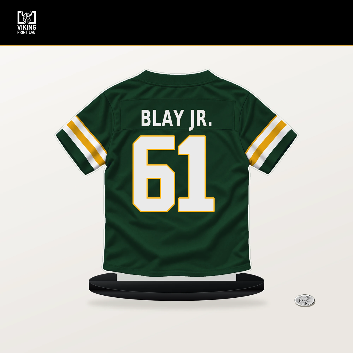 David Blay Jr. number 61 Green Bay Packers jersey stand with included black base.