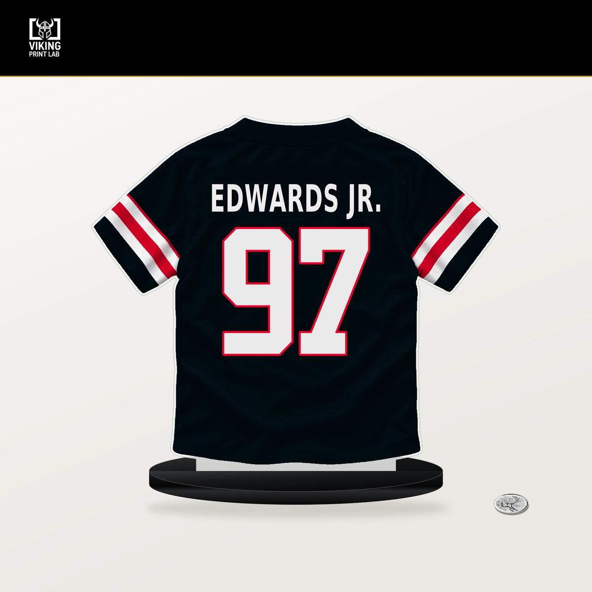 Mario Edwards Jr. number 97 Houston Texans jersey stand with included black base.