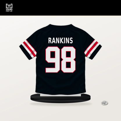 Sheldon Rankins number 98 Houston Texans jersey stand with included black base.