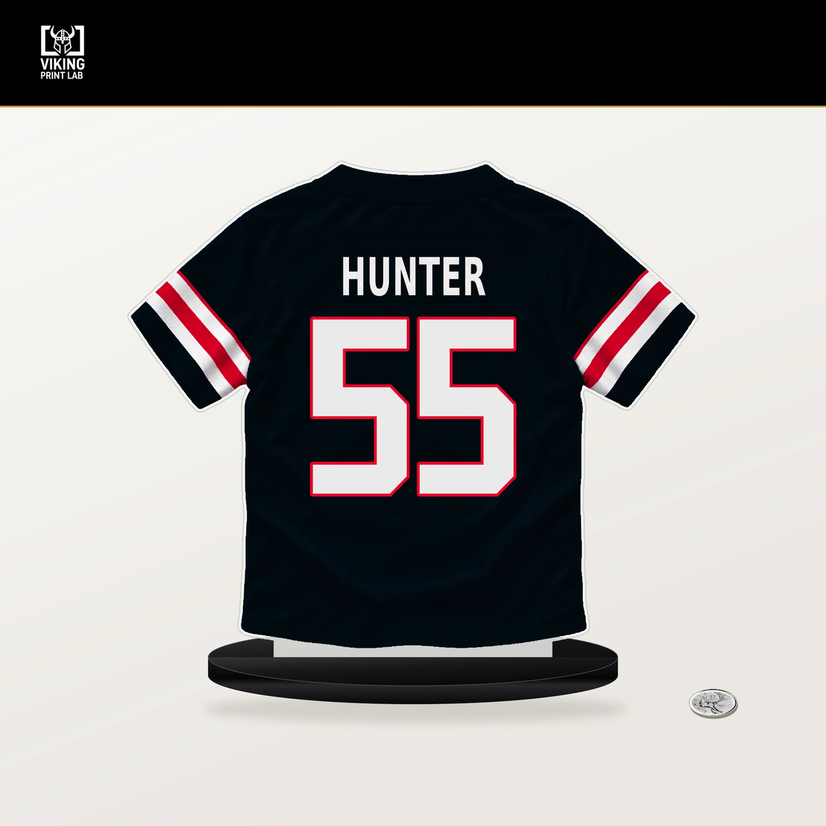 Danielle Hunter number 55 Houston Texans jersey stand with included black base.