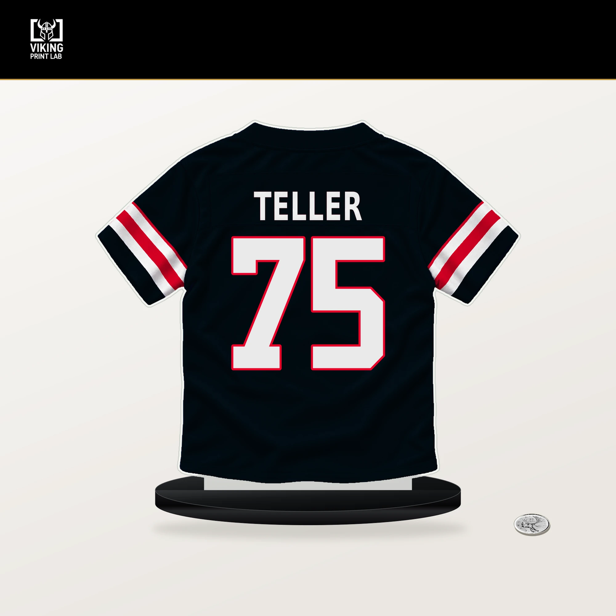 Wyatt Teller number 75 Houston Texans jersey stand with included black base.