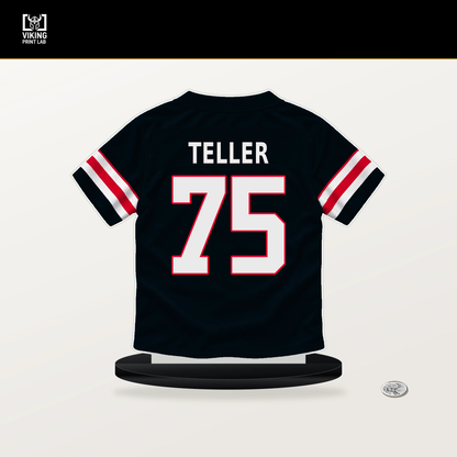 Wyatt Teller number 75 Houston Texans jersey stand with included black base.