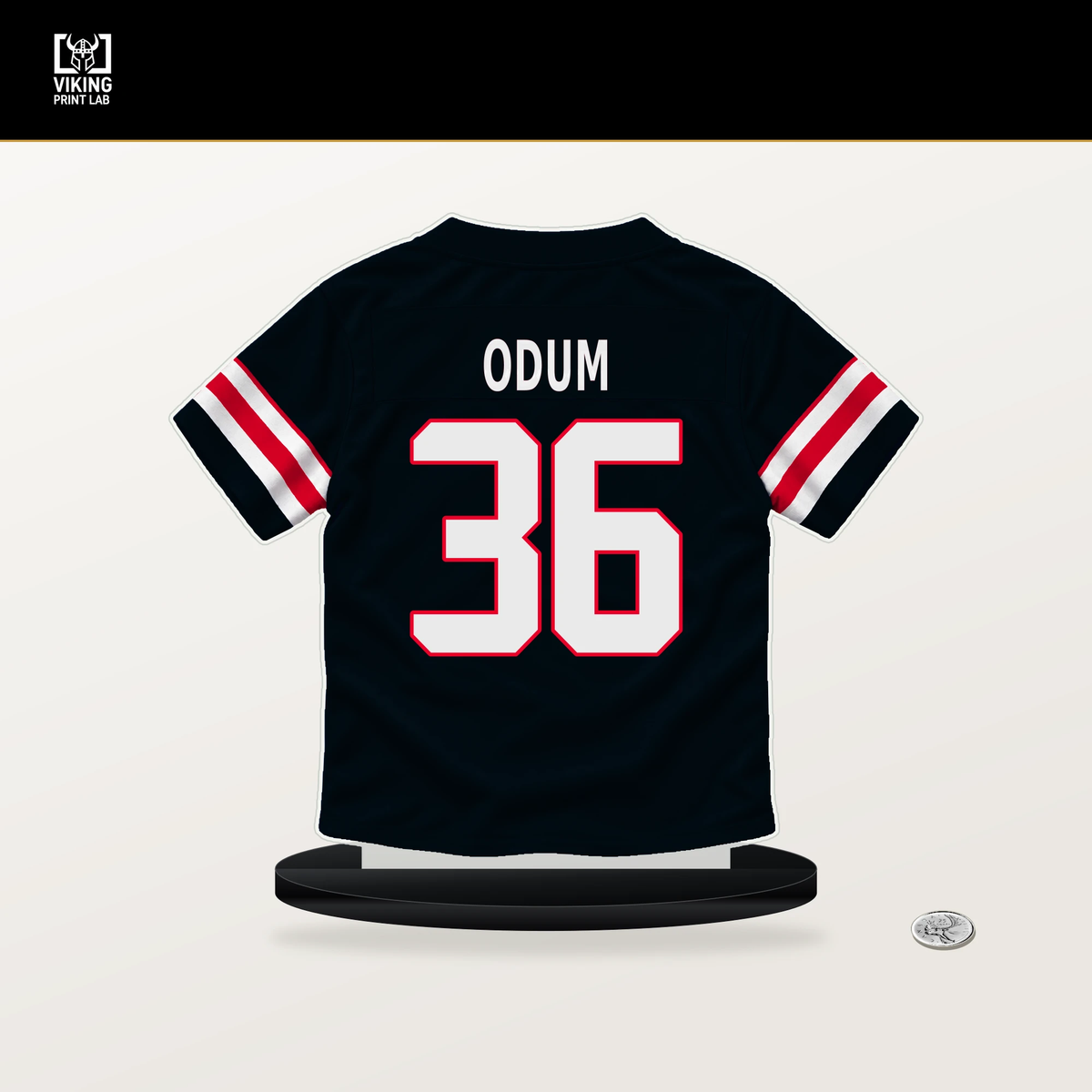 George Odum number 36 Houston Texans jersey stand with included black base.