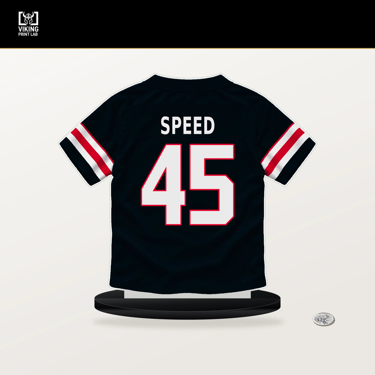 E.J. Speed number 45 Houston Texans jersey stand with included black base.
