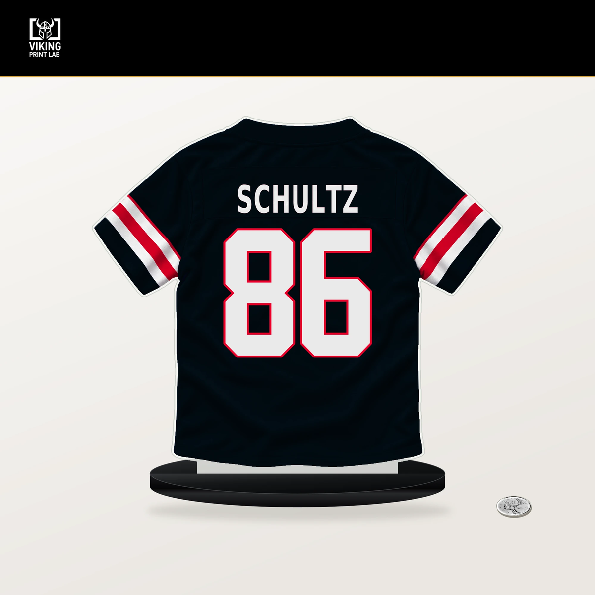Dalton Schultz number 86 Houston Texans jersey stand with included black base.