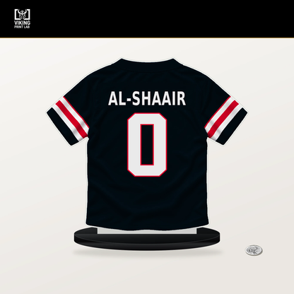 Azeez Al-Shaair number 0 Houston Texans jersey stand with included black base.