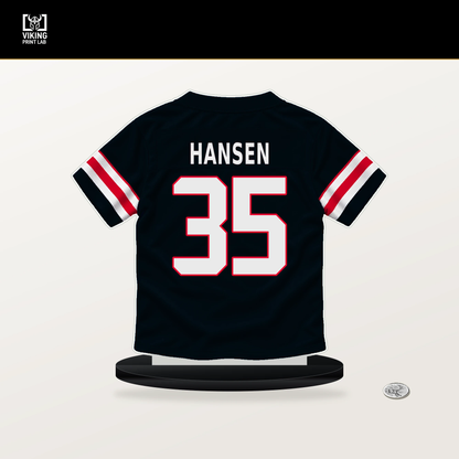 Jake Hansen number 35 Houston Texans jersey stand with included black base.