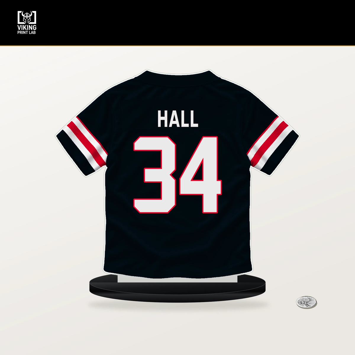 Bryce Hall number 34 Houston Texans jersey stand with included black base.