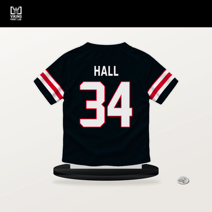 Bryce Hall number 34 Houston Texans jersey stand with included black base.