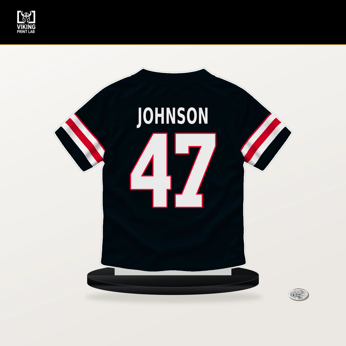 Caleb Johnson number 47 Houston Texans jersey stand with included black base.