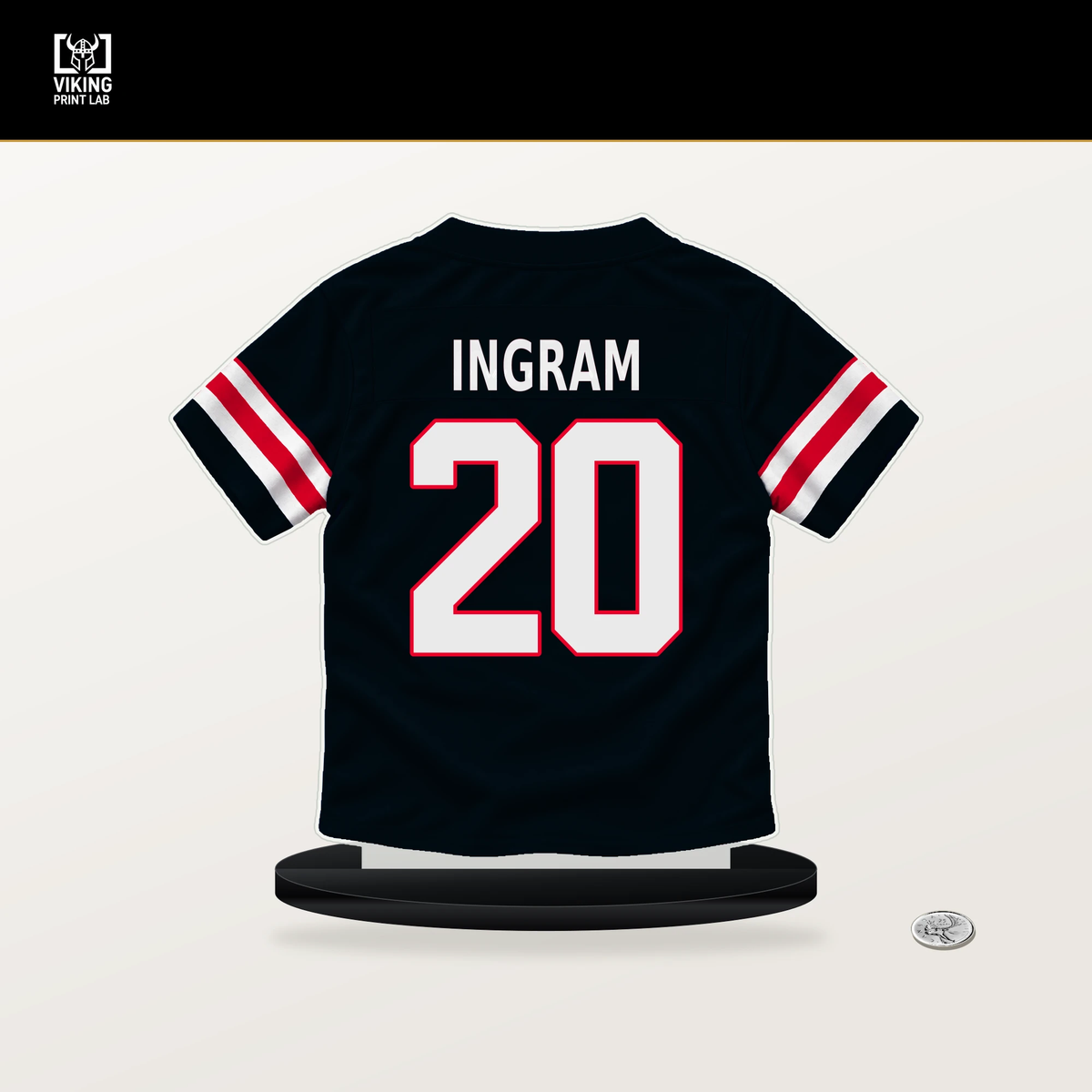 Ja'Marcus Ingram number 20 Houston Texans jersey stand with included black base.