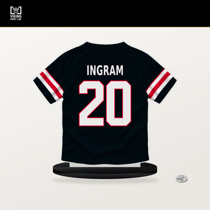 Ja'Marcus Ingram number 20 Houston Texans jersey stand with included black base.