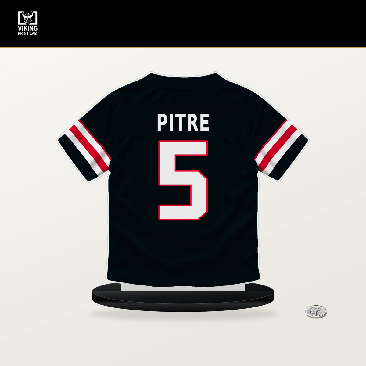 Jalen Pitre number 5 Houston Texans jersey stand with included black base.