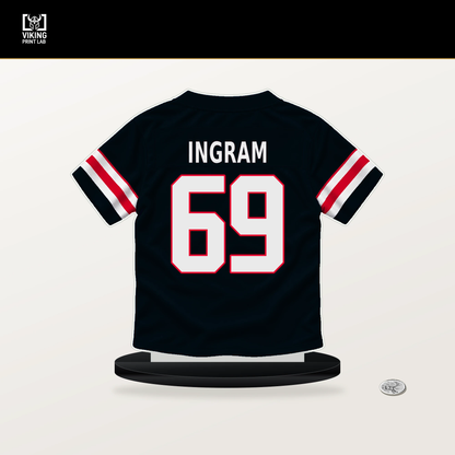 Ed Ingram number 69 Houston Texans jersey stand with included black base.