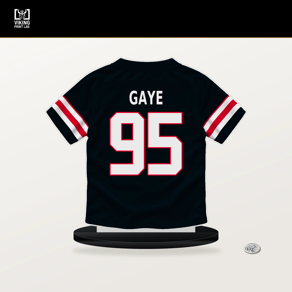 Ali Gaye number 95 Houston Texans jersey stand with included black base.