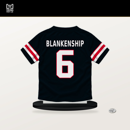 Reed Blankenship number 6 Houston Texans jersey stand with included black base.