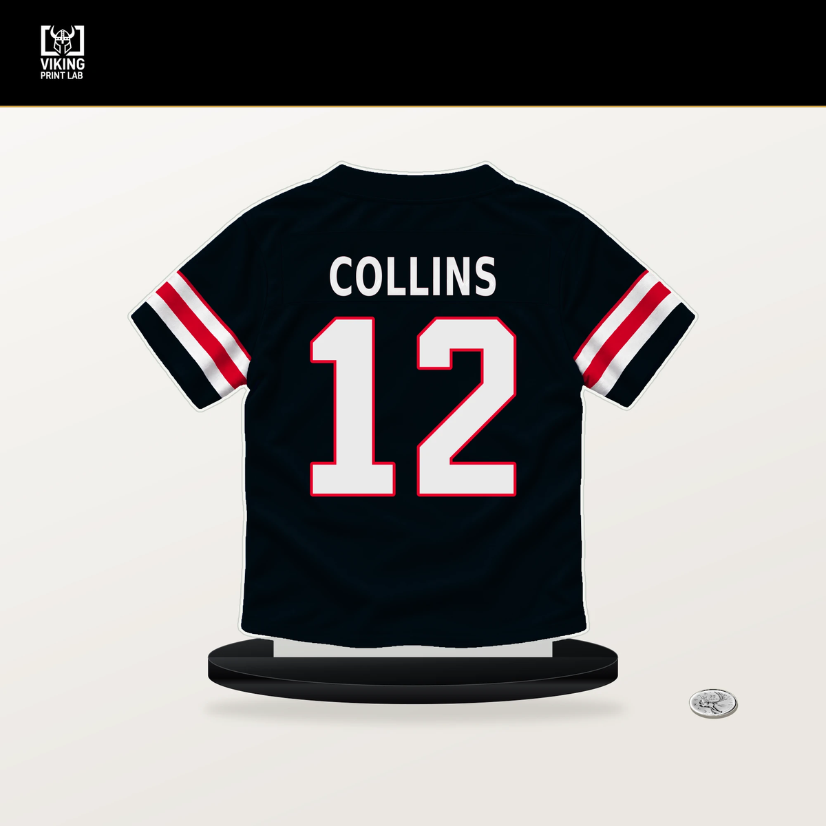 Nico Collins number 12 Houston Texans jersey stand with included black base.