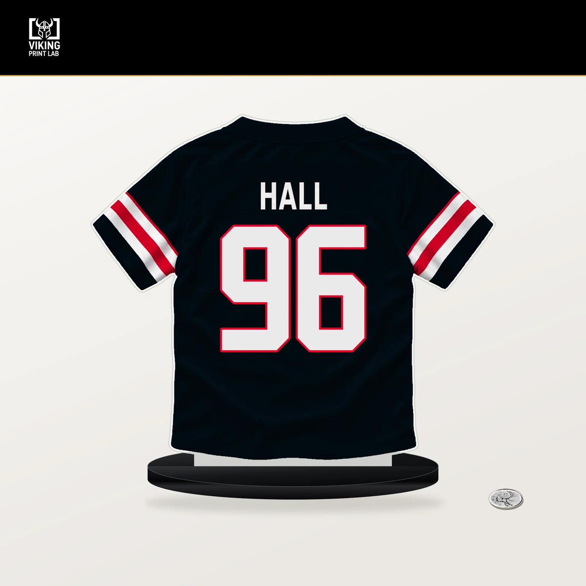 Logan Hall number 96 Houston Texans jersey stand with included black base.