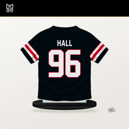 Logan Hall number 96 Houston Texans jersey stand with included black base.