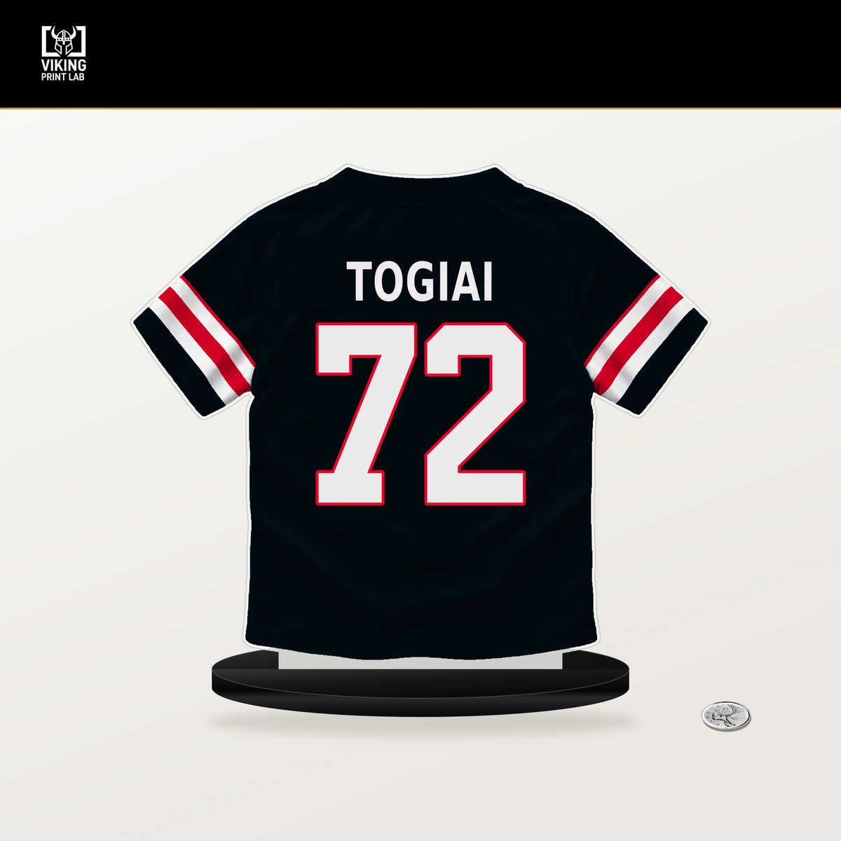 Tommy Togiai number 72 Houston Texans jersey stand with included black base.