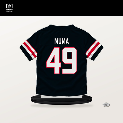 Chad Muma number 49 Houston Texans jersey stand with included black base.