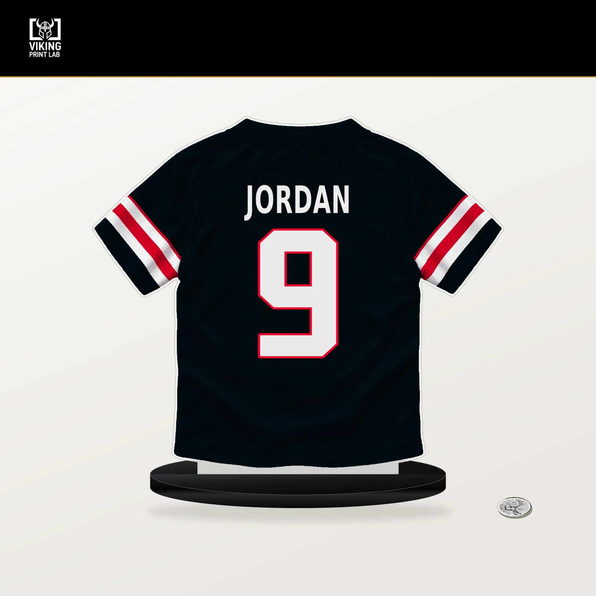 Brevin Jordan number 9 Houston Texans jersey stand with included black base.
