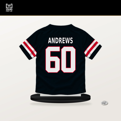 Jake Andrews number 60 Houston Texans jersey stand with included black base.