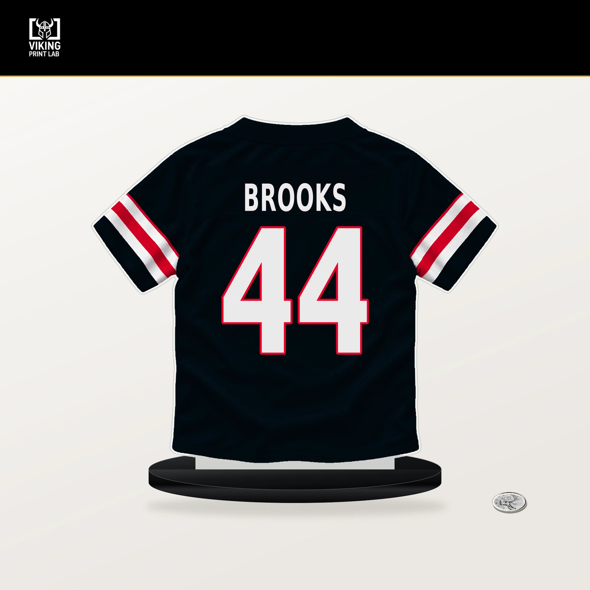British Brooks number 44 Houston Texans jersey stand with included black base.