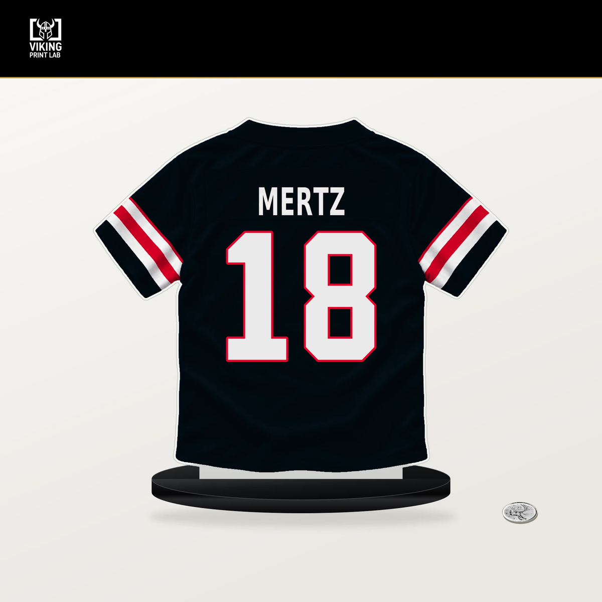 Graham Mertz number 18 Houston Texans jersey stand with included black base.