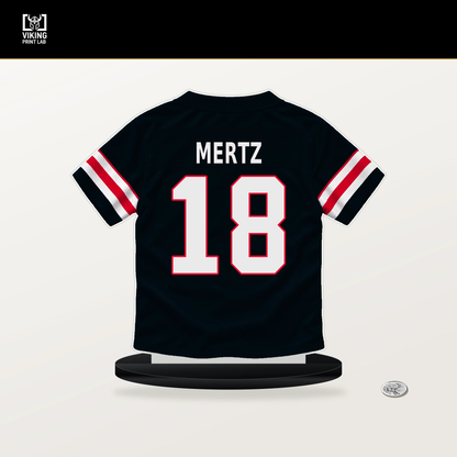 Graham Mertz number 18 Houston Texans jersey stand with included black base.