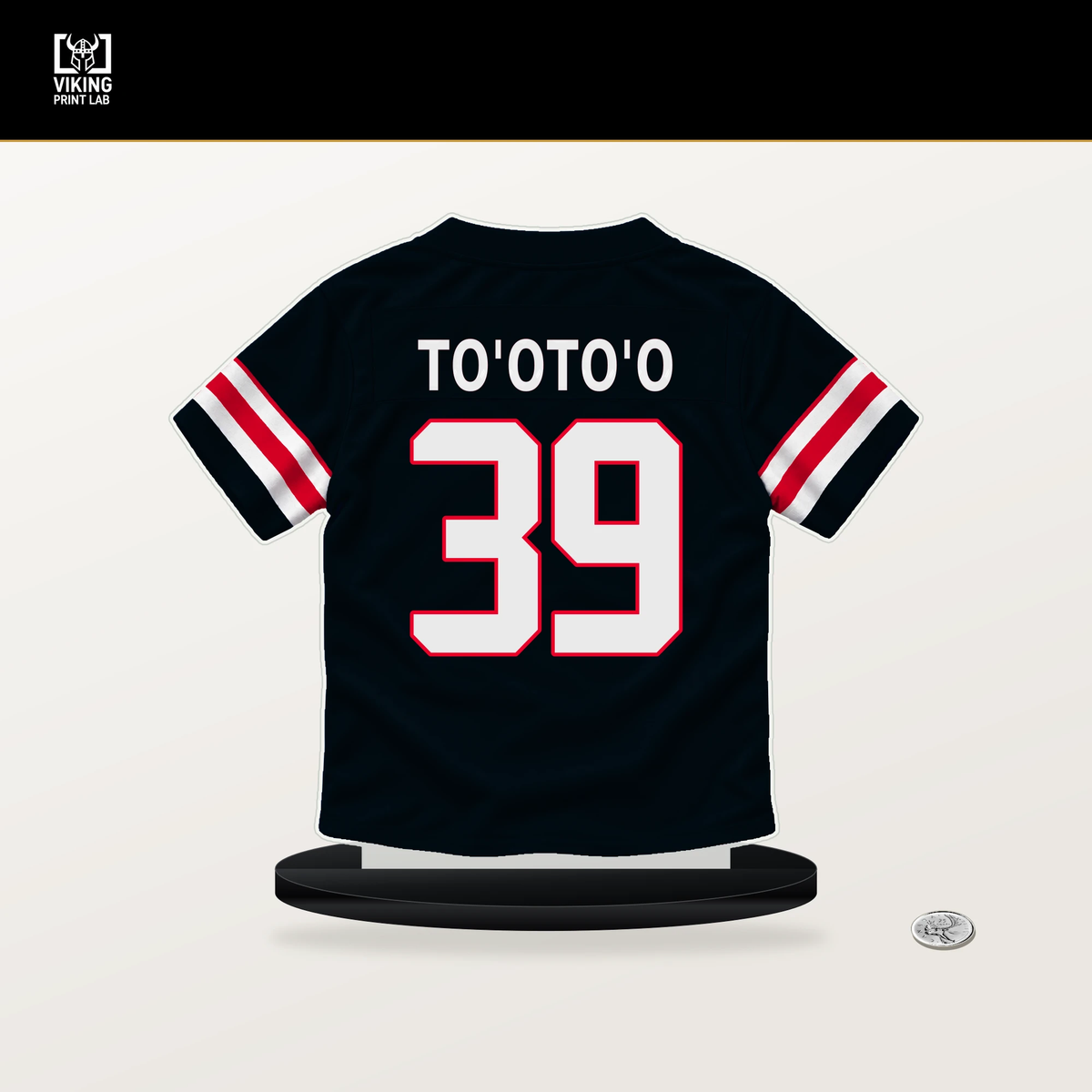 Henry To'oTo'o number 39 Houston Texans jersey stand with included black base.