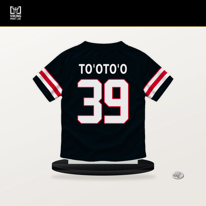 Henry To'oTo'o number 39 Houston Texans jersey stand with included black base.