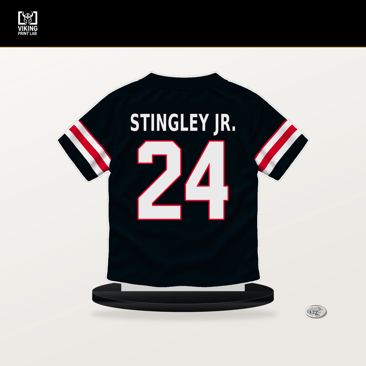 Derek Stingley Jr. number 24 Houston Texans jersey stand with included black base.