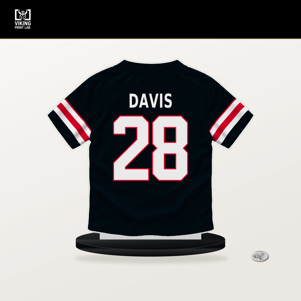 Jaden Davis number 28 Houston Texans jersey stand with included black base.