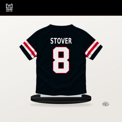 Cade Stover number 8 Houston Texans jersey stand with included black base.