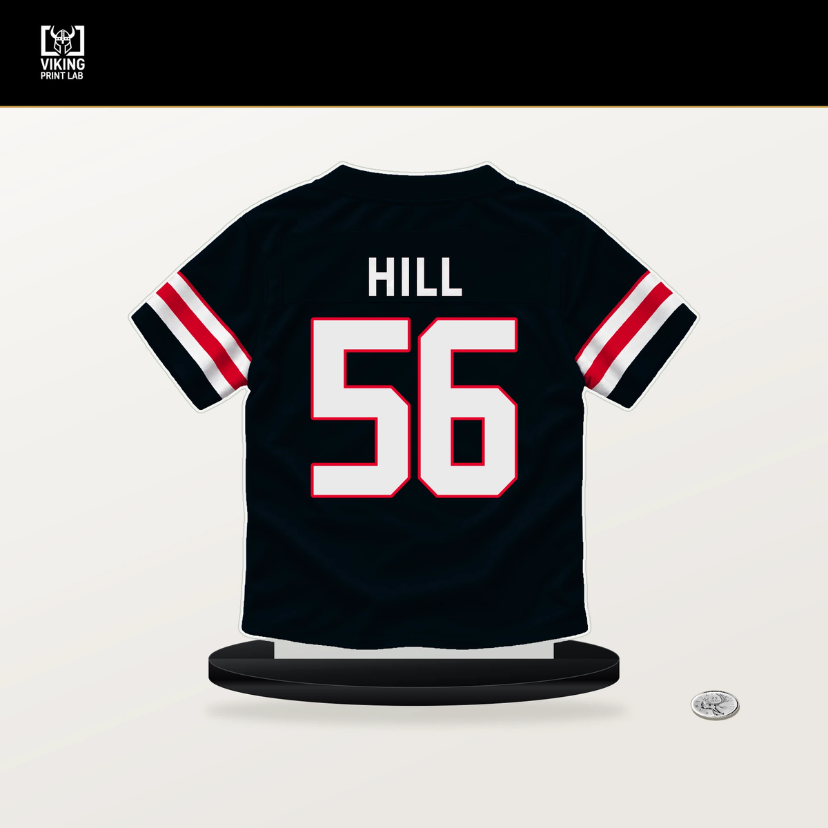 Jamal Hill number 56 Houston Texans jersey stand with included black base.