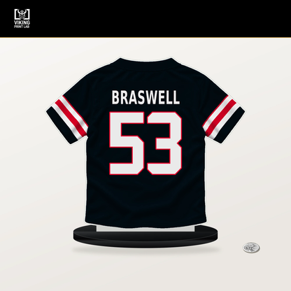 Chris Braswell number 53 Houston Texans jersey stand with included black base.