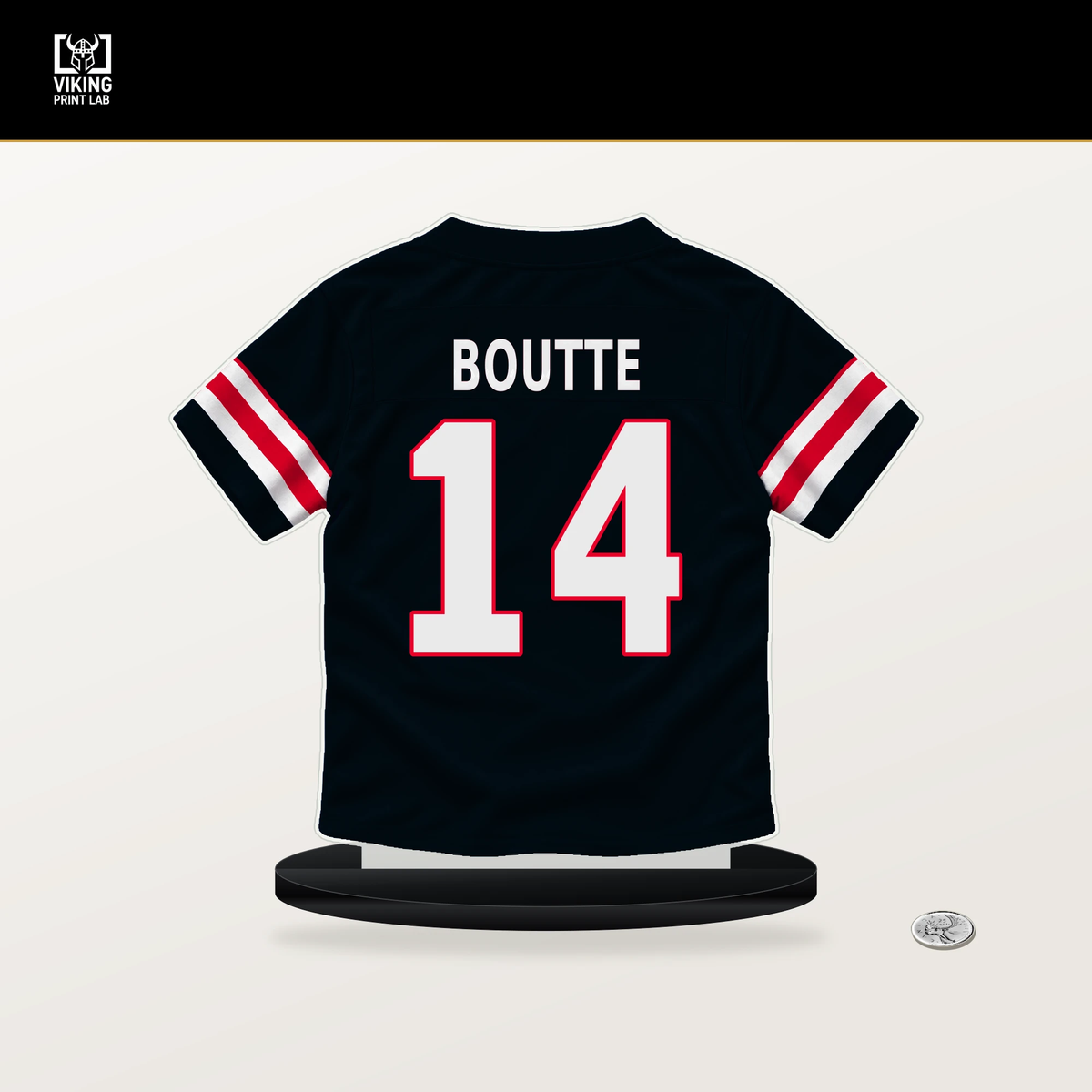 Kayshon Boutte number 14 Houston Texans jersey stand with included black base.