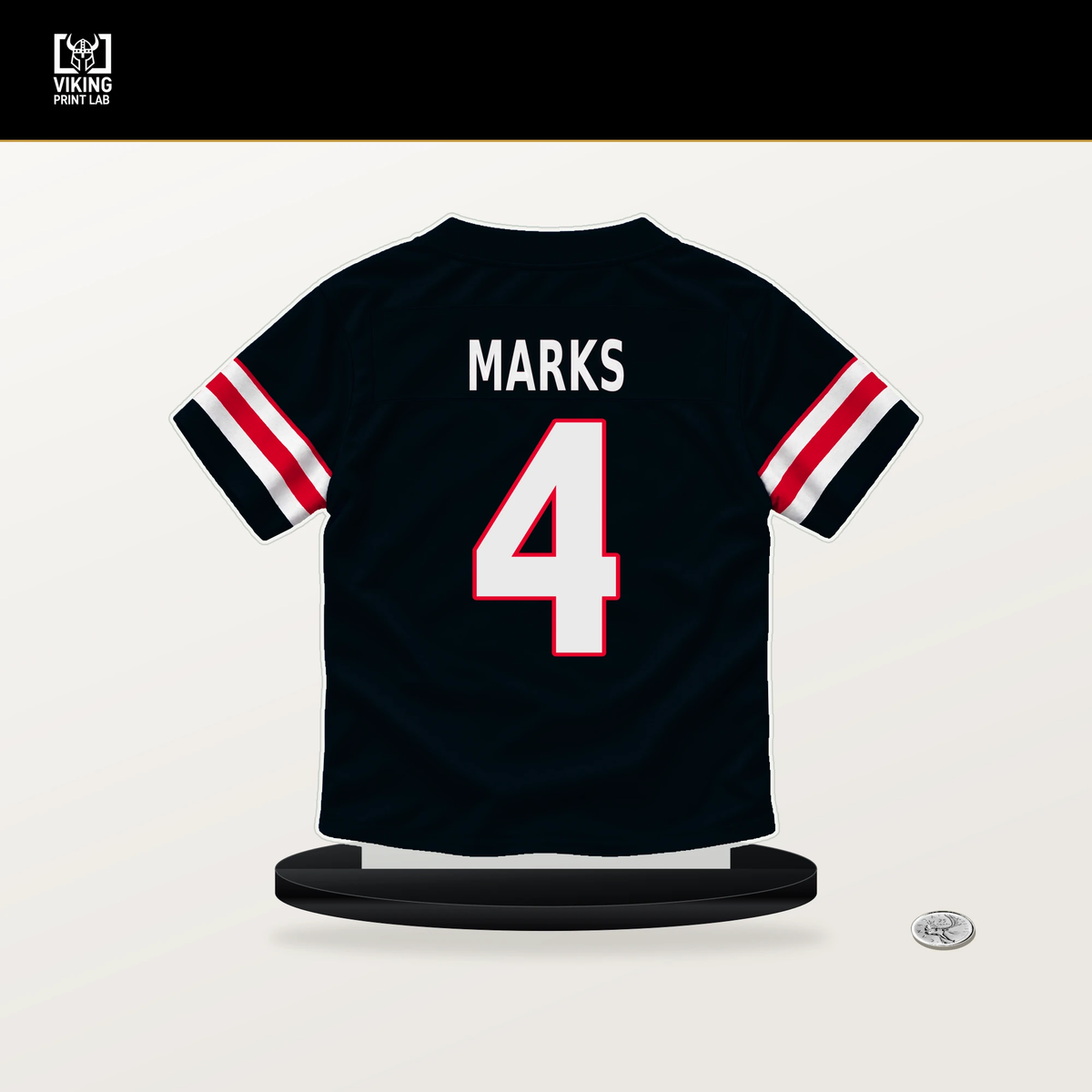 Woody Marks number 4 Houston Texans jersey stand with included black base.