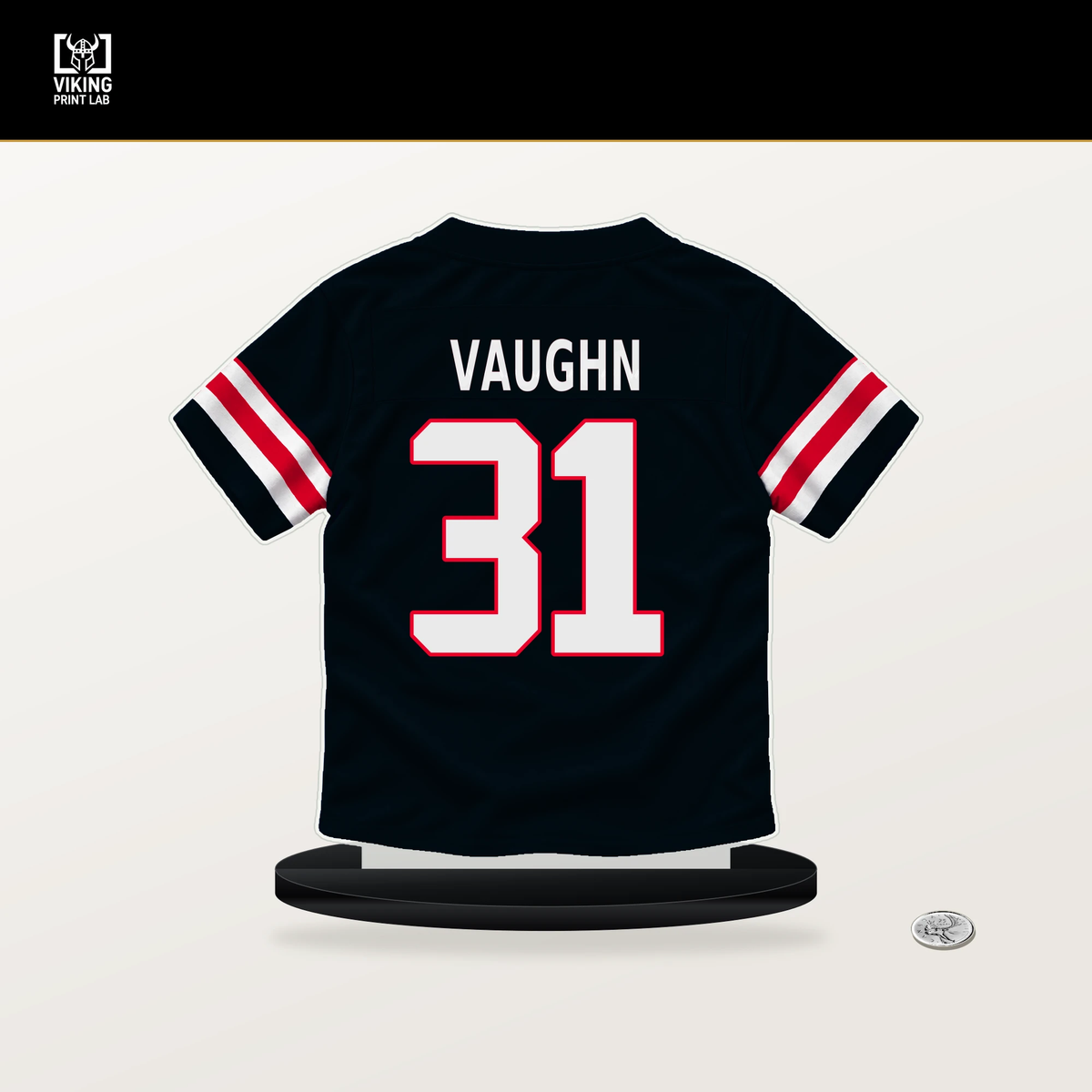 Deuce Vaughn number 31 Houston Texans jersey stand with included black base.