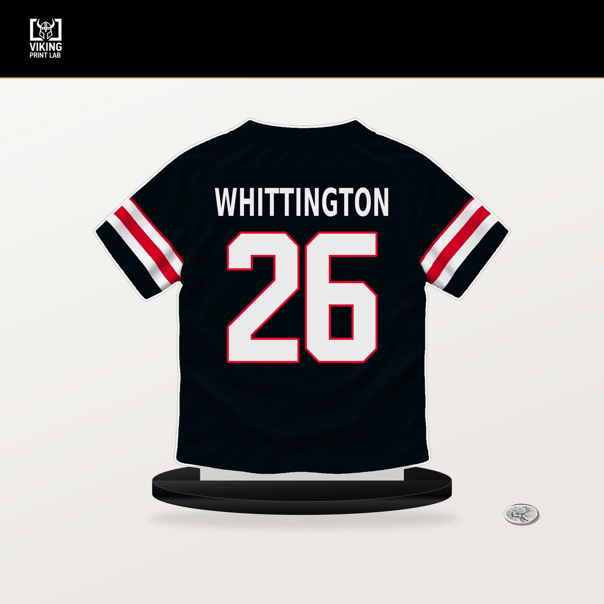 Noah Whittington number 26 Houston Texans jersey stand with included black base.