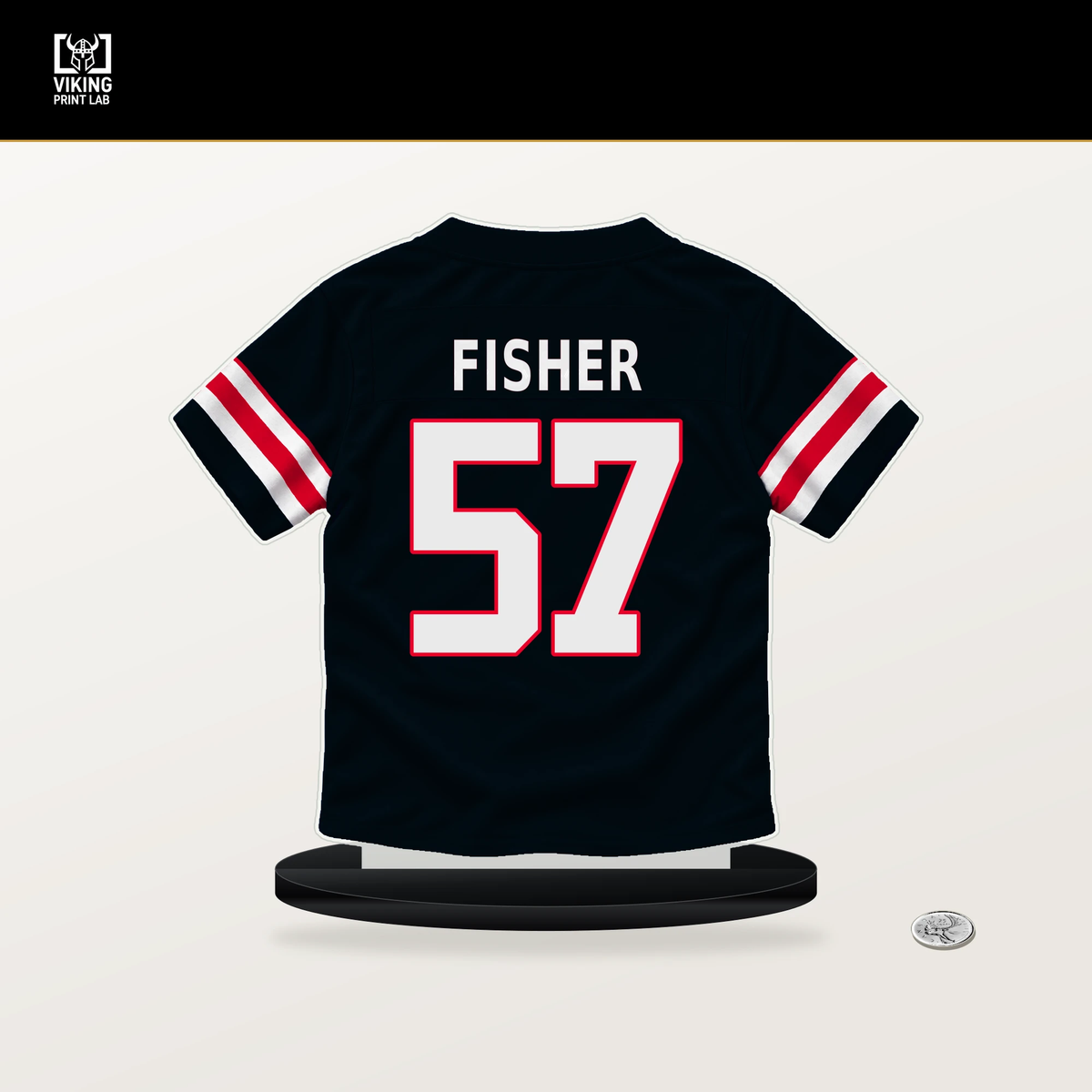 Blake Fisher number 57 Houston Texans jersey stand with included black base.