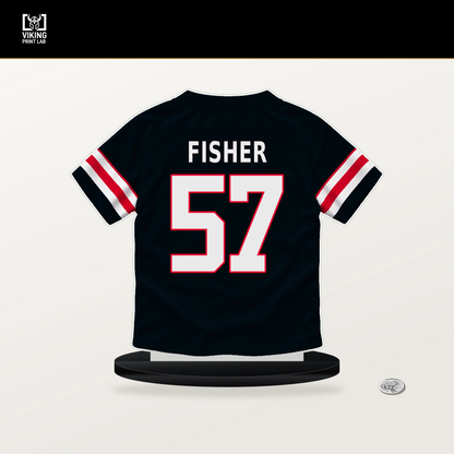 Blake Fisher number 57 Houston Texans jersey stand with included black base.