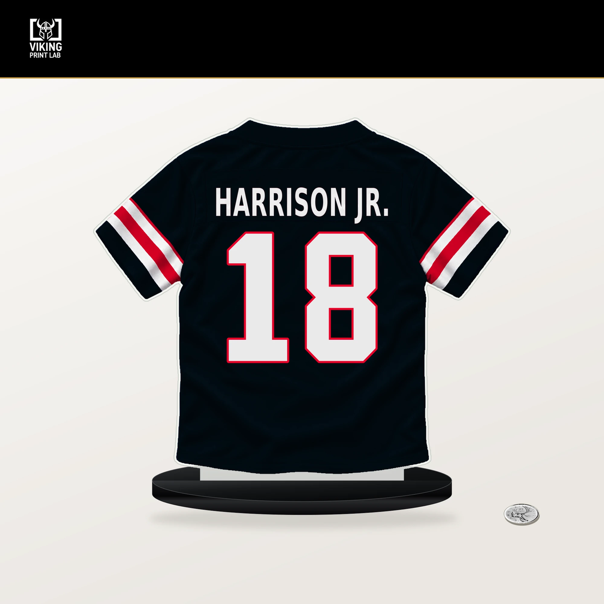 Marvin Harrison Jr. number 18 Houston Texans jersey stand with included black base.