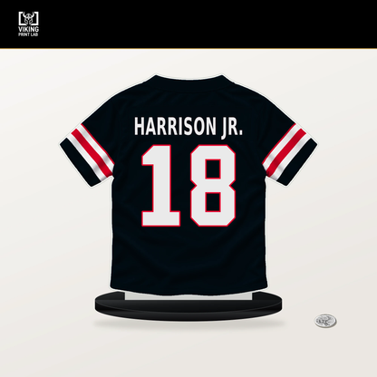 Marvin Harrison Jr. number 18 Houston Texans jersey stand with included black base.